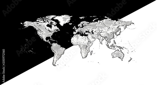 Black and white world map illustration.