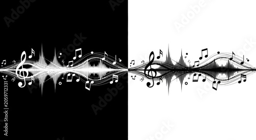 Black and white musical notes sound wave design.