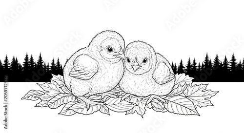 Two birds sitting on leaves together.