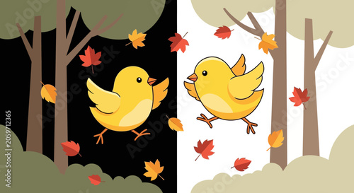 Autumn scene with cartoon yellow bird.