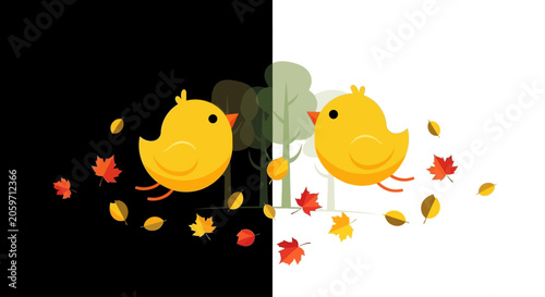 Two cartoon birds playing in autumn leaves.