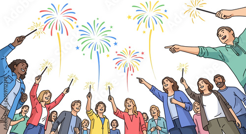 Diverse group celebrating with sparklers and fireworks.