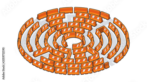 Valokuva Orange traffic barriers form a circular maze, symbolizing challenges and obstacles