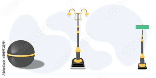 City Infrastructure Vector Set – Street Lamp, Sign Pole and Decorative Bollard