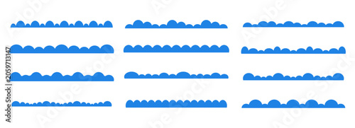 Fluffy cloud border, footer or header design element. Set cloud silhouette curve edge header section, dividers, site separators. Border for banner, frame bottom, template