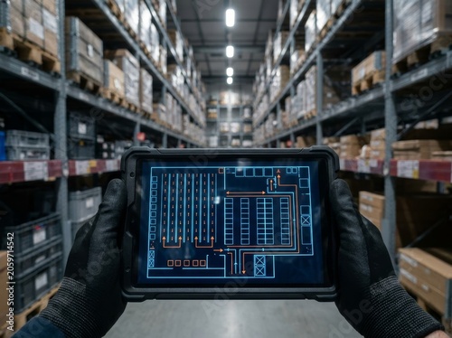 Digital tablet with warehouse logistics plan held in a modern storage facility, depicting organized and efficient setup.