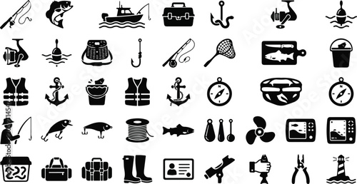 Bild auf Leinwand Fishing equipment and outdoor gear icon collection
