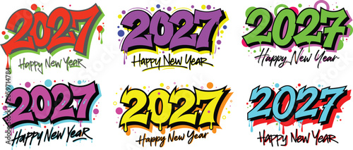 Colorful Happy New Year 2027 typography collection with festive handwritten style. Vibrant celebration lettering set for cards, banners and social media.