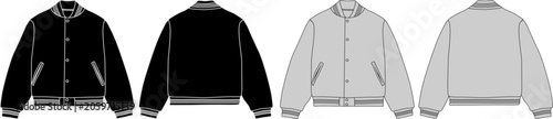 Oversized Varsity Bomber Jacket Technical Flat Sketch Front and Back View