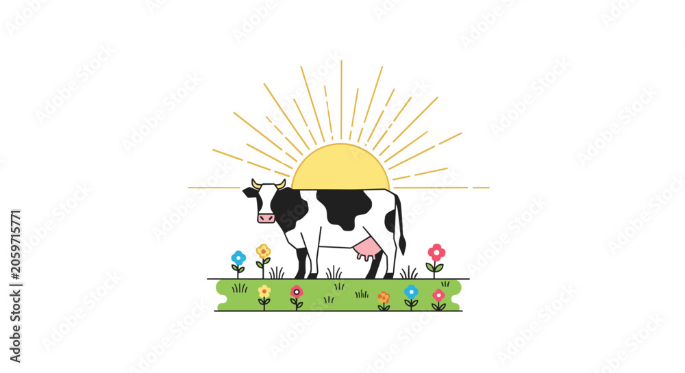 Fototapeta premium Spotted cow standing in a grassy field with various colorful flowers and a large yellow sun with rays in a simple vector art style.