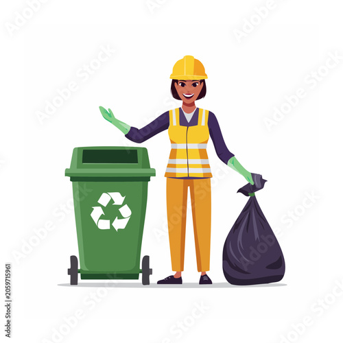 Woman in safety vest and hard hat with recycling bin and trash bag