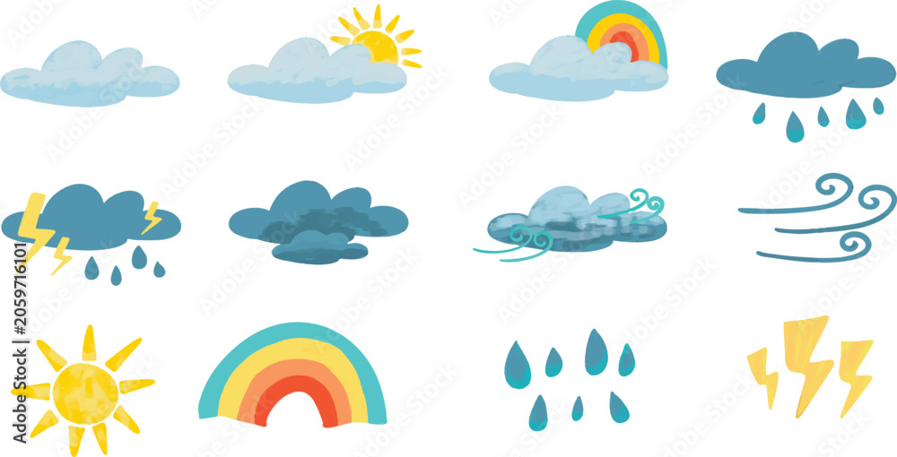 Obraz premium Cute Colorful Weather Icon Set with Cloud Sun Rain Rainbow Thunder Lightning Wind Storm Raindrop Breeze Cartoon Hand Drawn Collection Bundle
