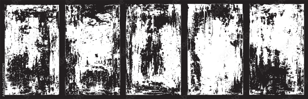 Obraz premium Set of five grunge distressed frames, black and white textured borders for photo overlays, vector illustration of weathered rectangular edges