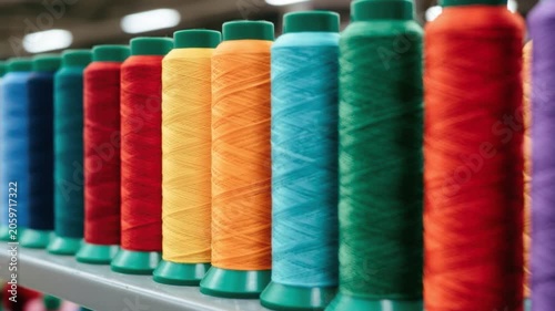 Colorful thread spools arranged in a row on a shelf showcasing vibrant shades of blue red orange green purple and pink for sewing and textile crafts