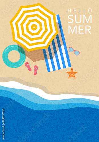 Hello summer vector banner with top view beach umbrella and sea waves on sand