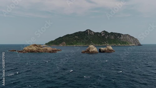 Aerial view of Okinoshima Island and rocky coastline in Fukuoka, Japan