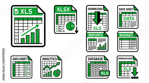 excel spreadsheet data analytics business report financial data and spreadsheet software icons for data management budget planning economic analysis.