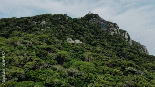 Aerial view of green cliffs and rocky coast on Okinoshima Island
