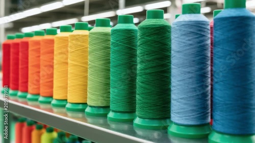 Colorful thread cones arranged in a row on industrial sewing machine shelf showcasing vibrant orange yellow green blue and purple textile manufacturing spools