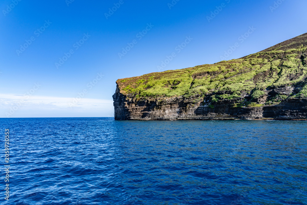Fototapeta premium Niʻihau & Nāpali Coast Boat Tour, Kauai County, Hawaii, Pacific Ocean. Lehua Island ( Lehua Crater ) is Tuff cone. Ki‘eki‘e Basalt, NI‘IHAU VOLCANO. Lehua is a state-designated seabird sanctuary 