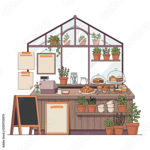 Greenhouse cafe interior with plants.