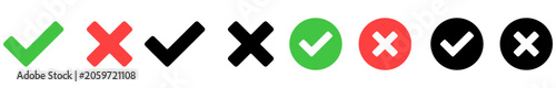 Right and wrong buttons and yes or no checkmark icons in green tick box and red cross. Check mark icon set. Editable stroke. 