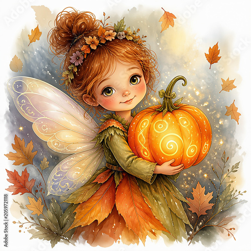 Little fairy child holding magical glowing pumpkin, watercolor illustration, whimsical seasonal design