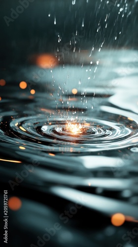 Splashing droplet creating ripples in water with glowing light effects