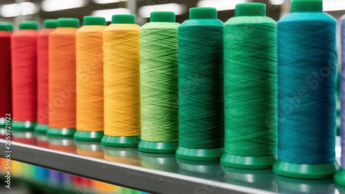 Colorful thread spools arranged in a gradient on a metal rack ready for sewing and textile projects with vibrant red, orange, yellow, green, blue, and purple shades