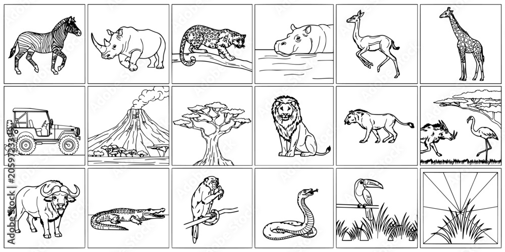 Obraz premium Animals and Nature Scenes in Black and White Line Drawings Featuring Zebra, Rhino, Hippo with Giraffe and Lion Elements for Cheetah, Flamingo