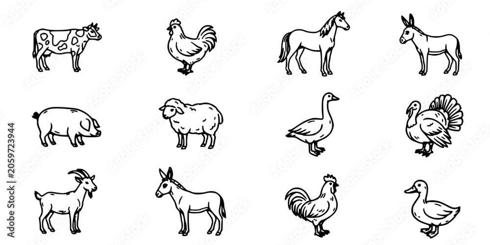 Fototapeta premium Animals Including Cows, Chickens, Horses, Donkeys, Pigs, Sheep, Geese, Turkeys, Goats, and Ducks in a Line Art Style