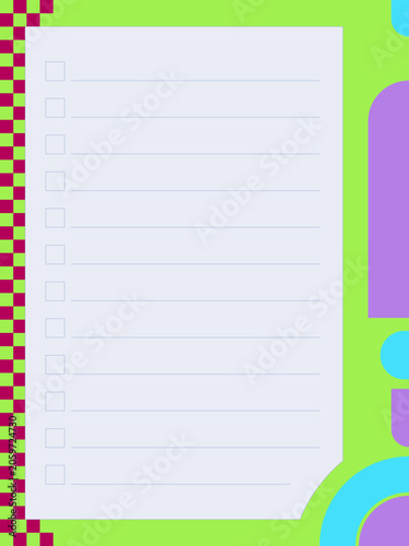 Retro square checkbox to do list colorful planner page template. Ruled lines for managing daily activities. Printable worksheet. Memphis-inspired blank paper sheet in a4. Editable vertical layout
