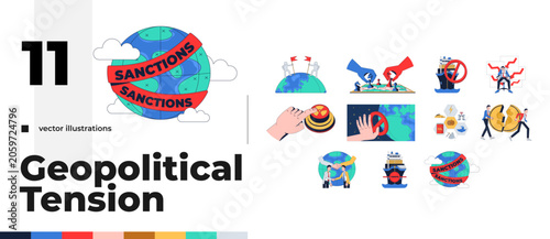 Geopolitical tension, sanctions and global conflict 2D illustration concept set. Trade restriction. International relations cartoon ideas isolated on white. Flat abstract vector metaphor collection