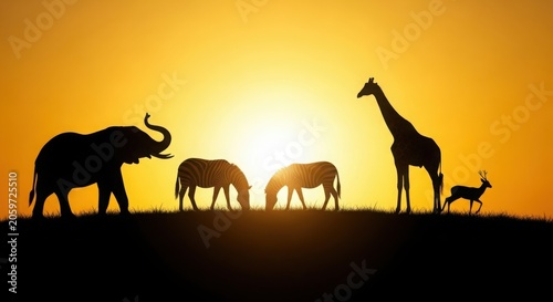 Silhouettes of african animals, elephant, zebras, giraffe, and antelope at sunset on the horizon