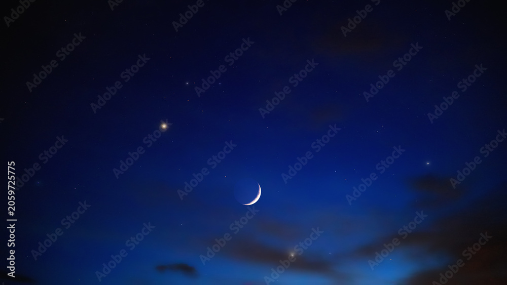 Fototapeta premium Crescent Moon, planet conjunction and stars.