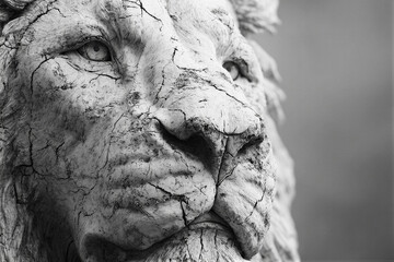 Macro close-up of ancient marble lion with weathered stone texture. Cool monochrome tones and HDR details under soft overcast light create a solemn historical atmosphere. Right copy space ideal...