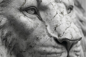 Macro close-up of ancient marble lion with weathered stone texture. Cool monochrome tones and HDR details under soft overcast light create a solemn historical atmosphere. Right copy space ideal...
