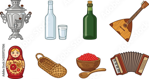 Photos Traditional Russian Culture Vector Icon Set Featuring Samovar, Matryoshka Doll,