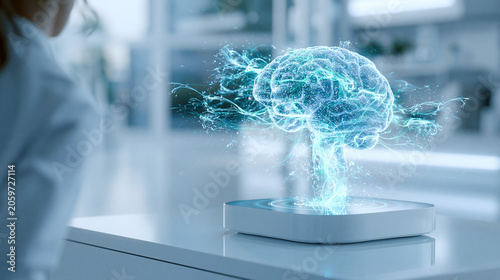 Neural network brain hologram on digital device with medical researcher analyzing data in laboratory