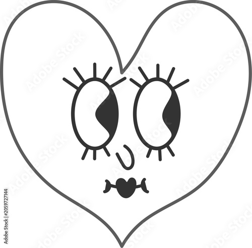 Outline heart character illustration with cartoon face, Creative line art heart icon, Minimalist heart cartoon face element