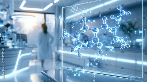 Molecular structure model on transparent digital screen with scientist in blur medical lab background