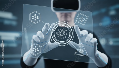 Immersive Technology Interaction: A person wearing a VR headset and gloves interacts with a futuristic holographic interface, navigating digital data and abstract icons in a simulated reality.