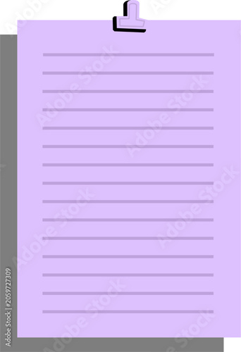 blank purple note paper with clip, Purple lined paper vector graphic, Pastel notepad page illustration, Sticky note element with binder clip, Lined document background