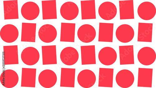 Red circles and rectangles pattern, Geometric shapes pattern on white background, Minimalist red abstract design, Repeating shape grid composition