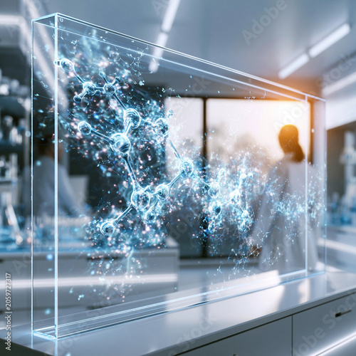 Advanced biochemical structure on clear monitor in clinical laboratory with medical staff background