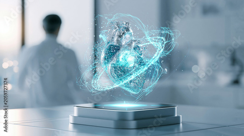 Digital human heart hologram floating on scanner device with cardiac specialist in blur background