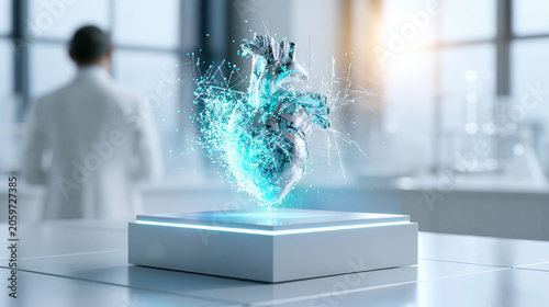 Metallic human heart model with exploding glowing data particles on smart platform in laboratory
