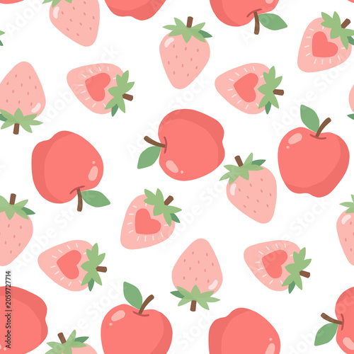 Sweet summer fruit seamless pattern background. Kawaii apple and strawberry illustration for kids fabric, nursery textile, and wallpaper print.