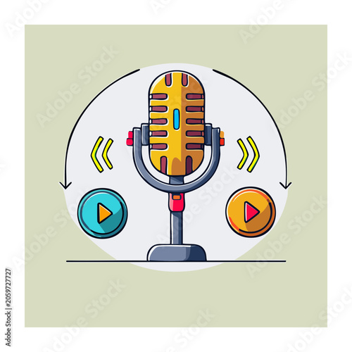 Retro microphone with media control icons illustration