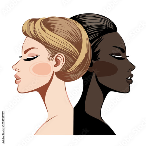 Side profile illustration of two women with different hair colors
